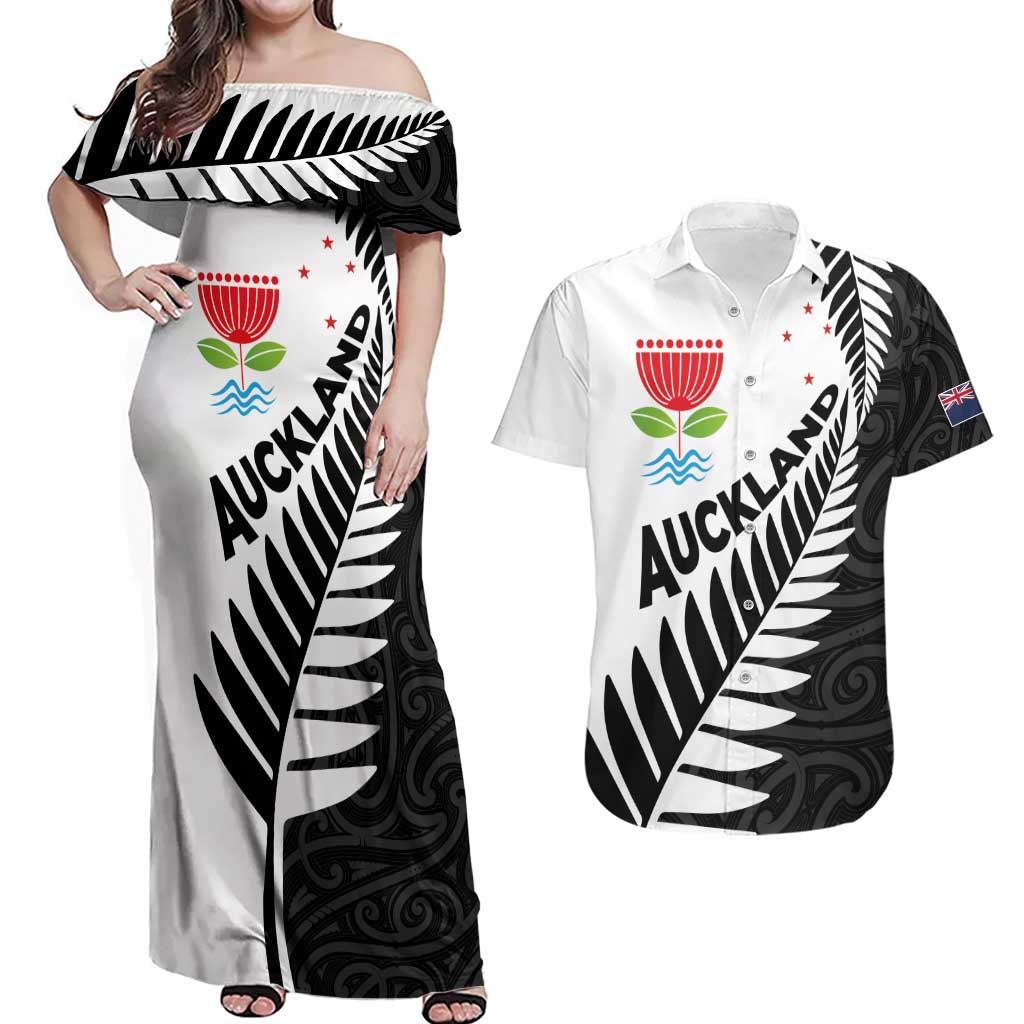 New Zealand Auckland Couples Matching Off Shoulder Maxi Dress and Hawaiian Shirt Auckland's Emblem and Silver Ferns - Maori Art Tattoo