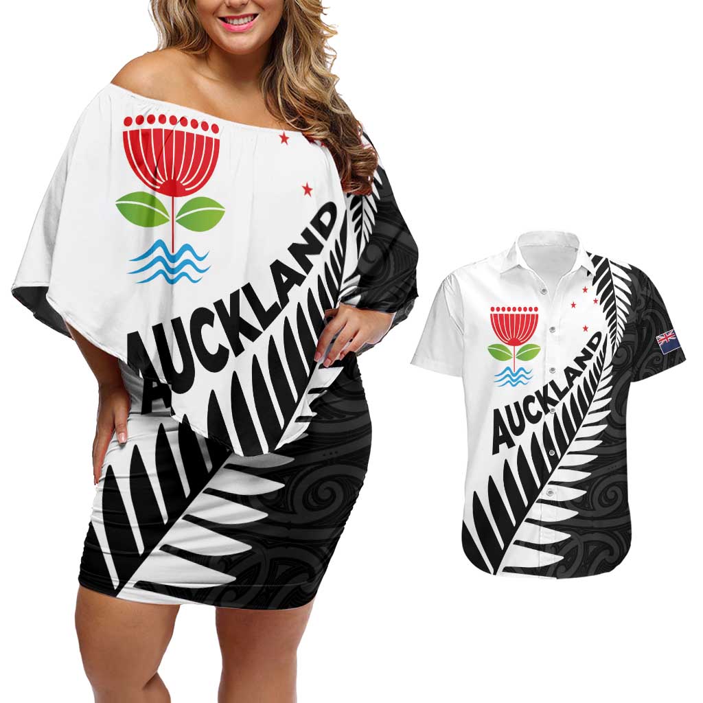 New Zealand Auckland Couples Matching Off Shoulder Short Dress and Hawaiian Shirt Auckland's Emblem and Silver Ferns - Maori Art Tattoo LT03 Light Blue - Polynesian Pride