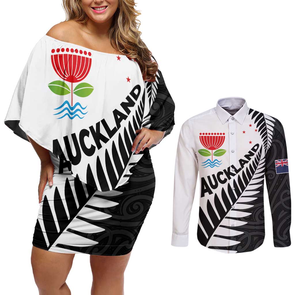 New Zealand Auckland Couples Matching Off Shoulder Short Dress and Long Sleeve Button Shirt Auckland's Emblem and Silver Ferns - Maori Art Tattoo LT03 Light Blue - Polynesian Pride