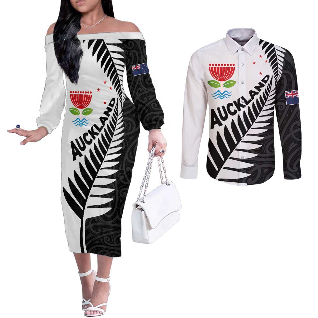 New Zealand Auckland Couples Matching Off The Shoulder Long Sleeve Dress and Long Sleeve Button Shirt Auckland's Emblem and Silver Ferns - Maori Art Tattoo LT03 Light Blue - Polynesian Pride