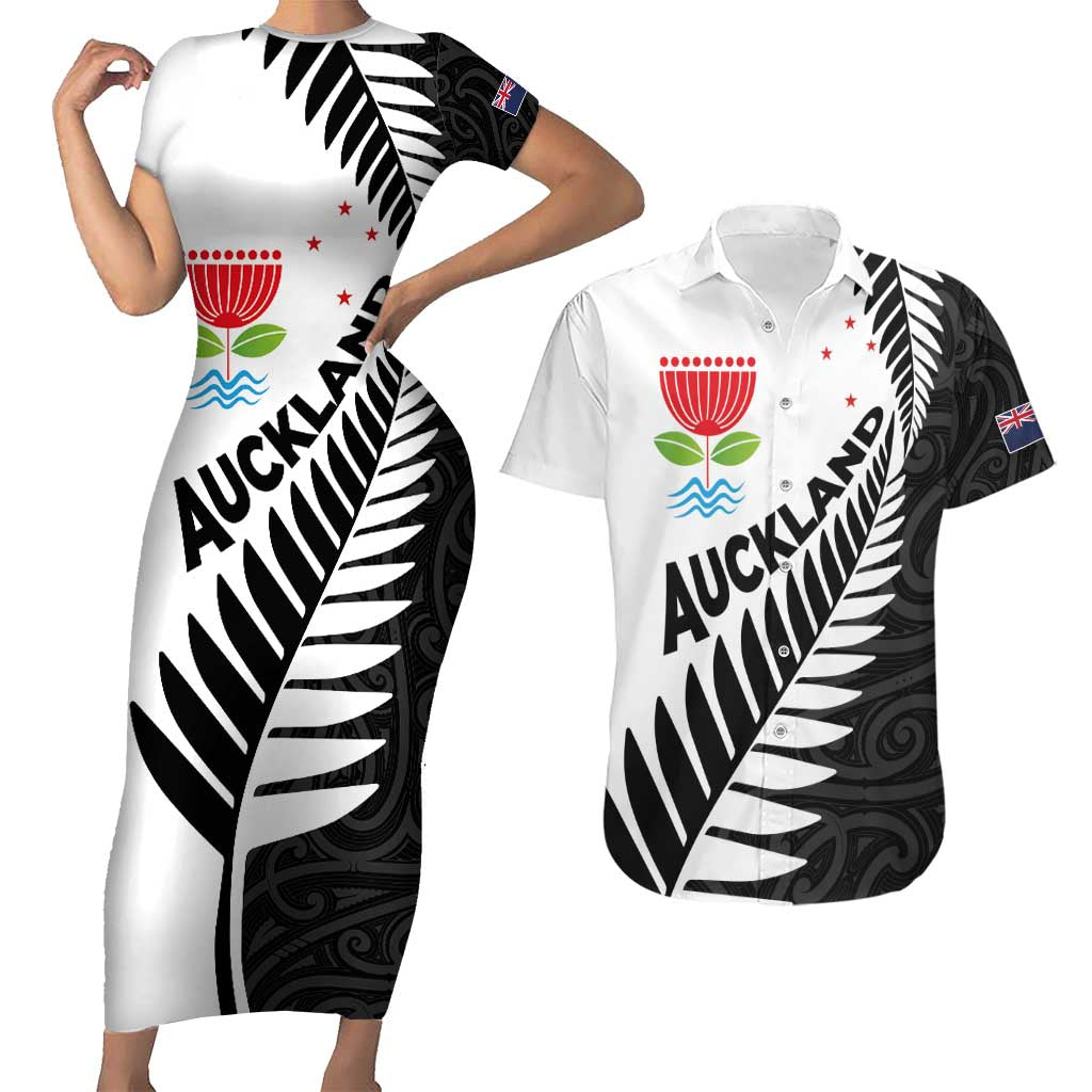 New Zealand Auckland Couples Matching Short Sleeve Bodycon Dress and Hawaiian Shirt Auckland's Emblem and Silver Ferns - Maori Art Tattoo