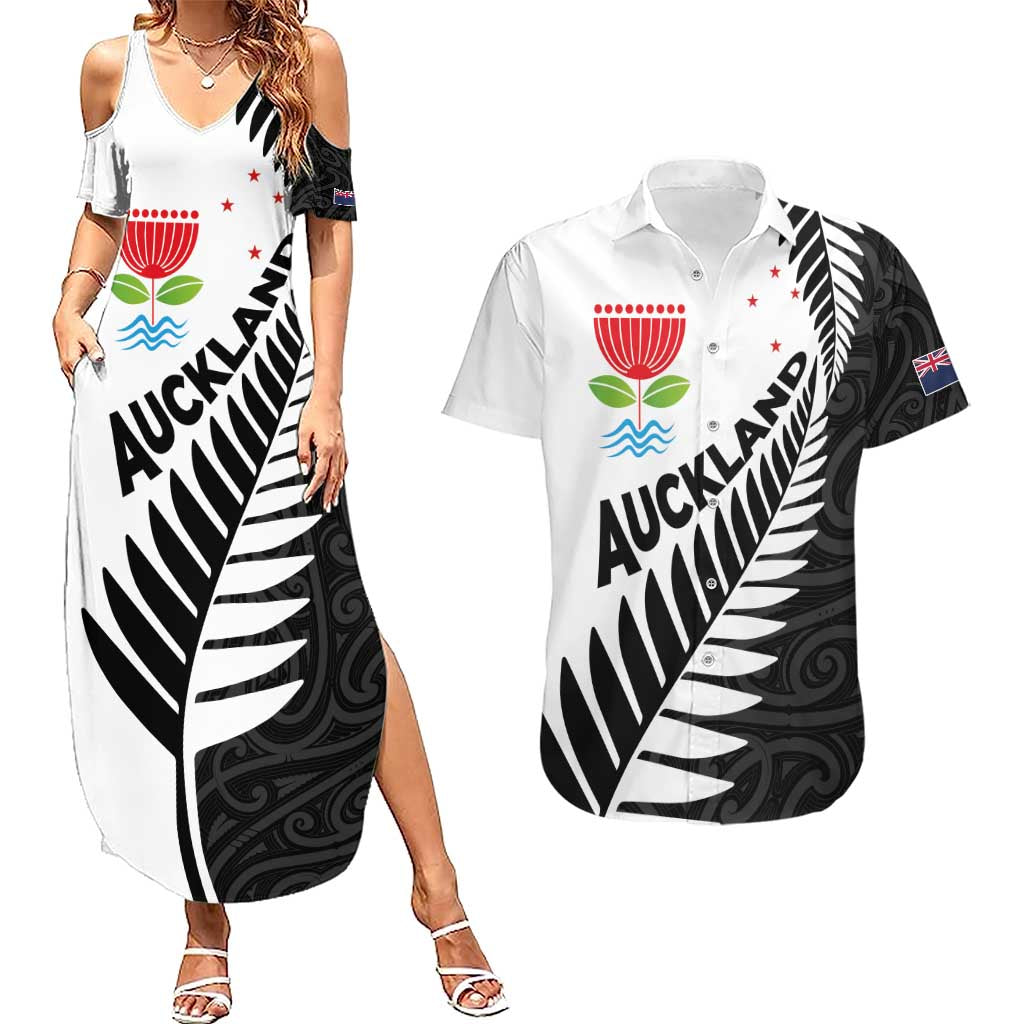 New Zealand Auckland Couples Matching Summer Maxi Dress and Hawaiian Shirt Auckland's Emblem and Silver Ferns - Maori Art Tattoo LT03 Light Blue - Polynesian Pride