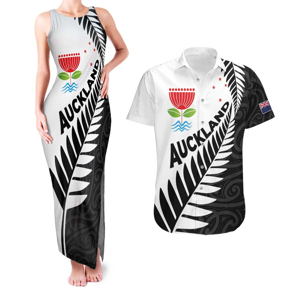 New Zealand Auckland Couples Matching Tank Maxi Dress and Hawaiian Shirt Auckland's Emblem and Silver Ferns - Maori Art Tattoo LT03 Light Blue - Polynesian Pride