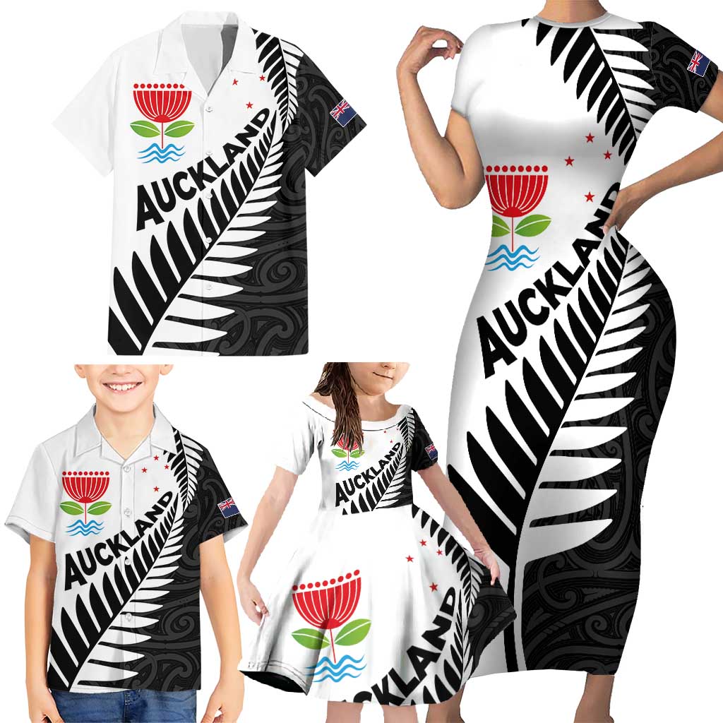 New Zealand Auckland Family Matching Short Sleeve Bodycon Dress and Hawaiian Shirt Auckland's Emblem and Silver Ferns - Maori Art Tattoo