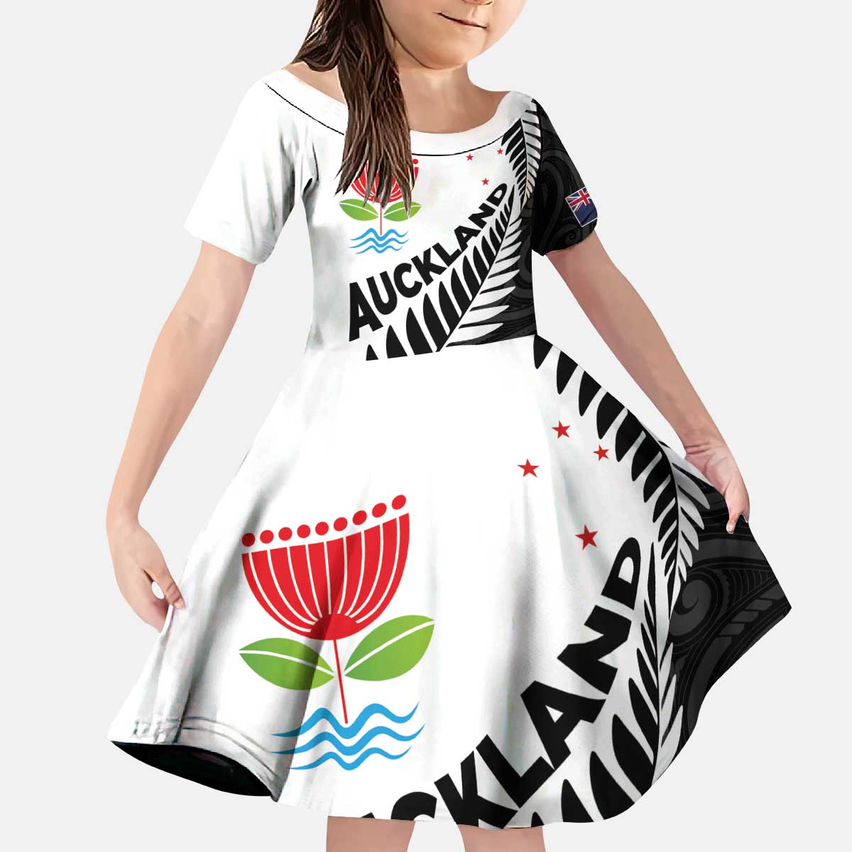 New Zealand Auckland Kid Short Sleeve Dress Auckland's Emblem and Silver Ferns - Maori Art Tattoo