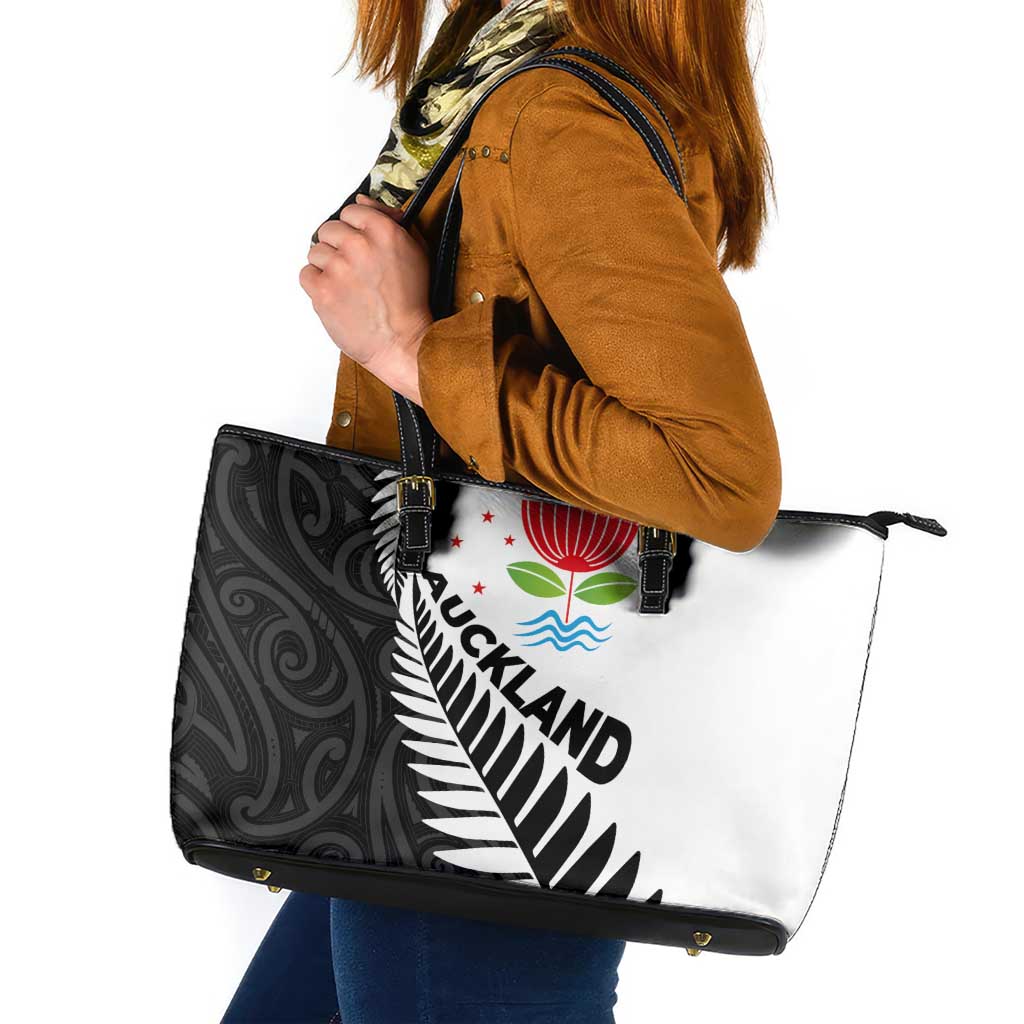 New Zealand Auckland Leather Tote Bag Auckland's Emblem and Silver Ferns - Maori Art Tattoo