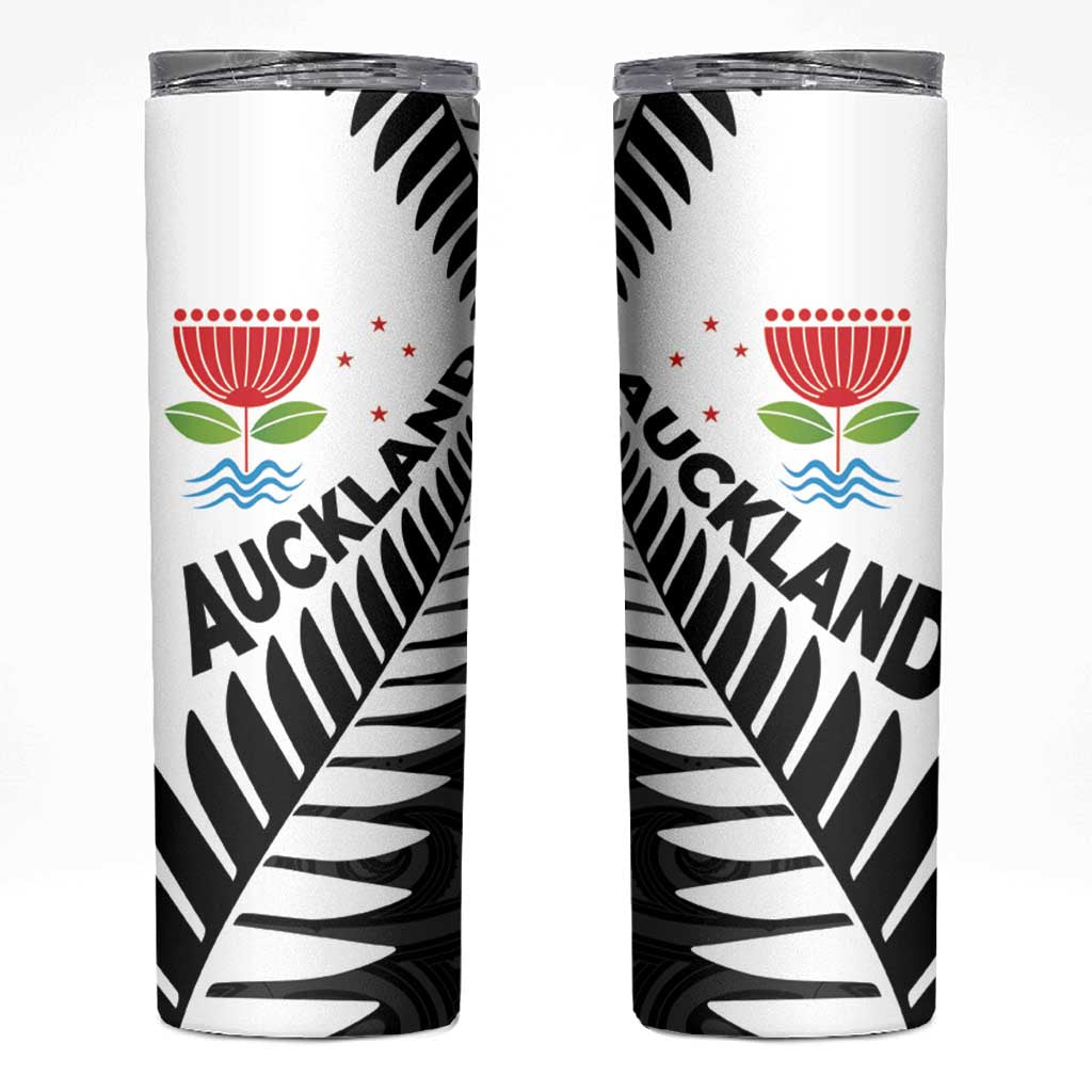 New Zealand Auckland Skinny Tumbler Auckland's Emblem and Silver Ferns - Maori Art Tattoo