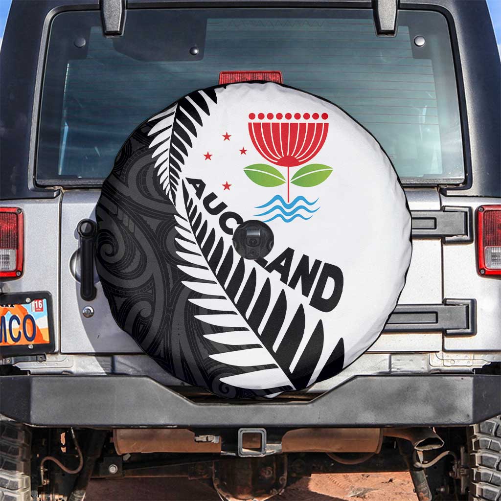 New Zealand Auckland Spare Tire Cover Auckland's Emblem and Silver Ferns - Maori Art Tattoo LT03 Light Blue - Polynesian Pride