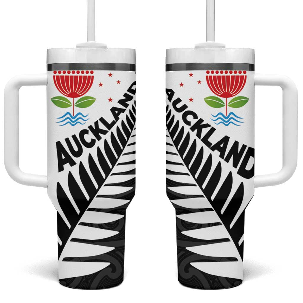 New Zealand Auckland Tumbler With Handle Auckland's Emblem and Silver Ferns - Maori Art Tattoo LT03 One Size: 40 oz Light Blue - Polynesian Pride