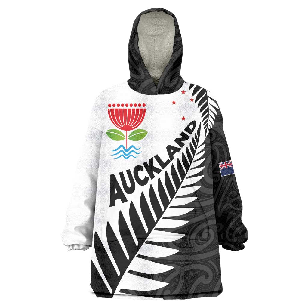 New Zealand Auckland Wearable Blanket Hoodie Auckland's Emblem and Silver Ferns - Maori Art Tattoo