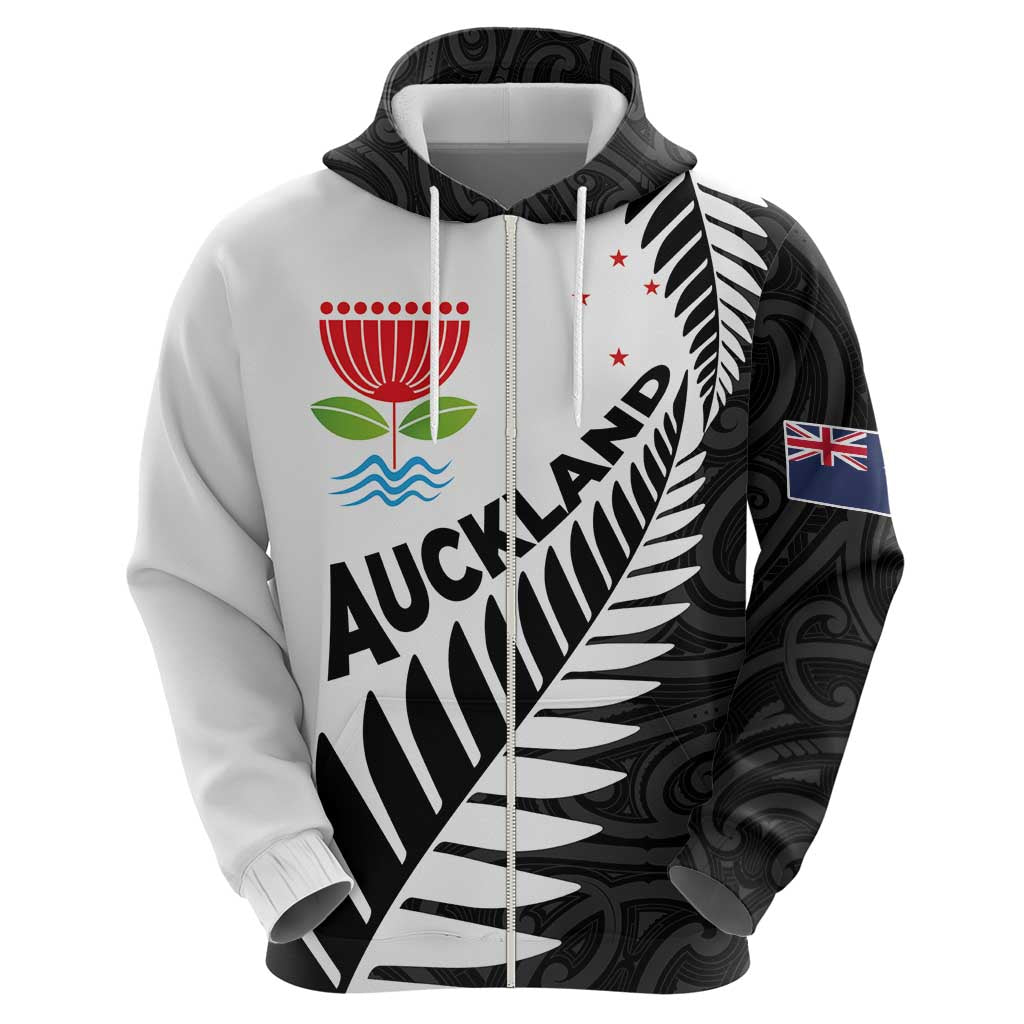 New Zealand Auckland Zip Hoodie Auckland's Emblem and Silver Ferns - Maori Art Tattoo