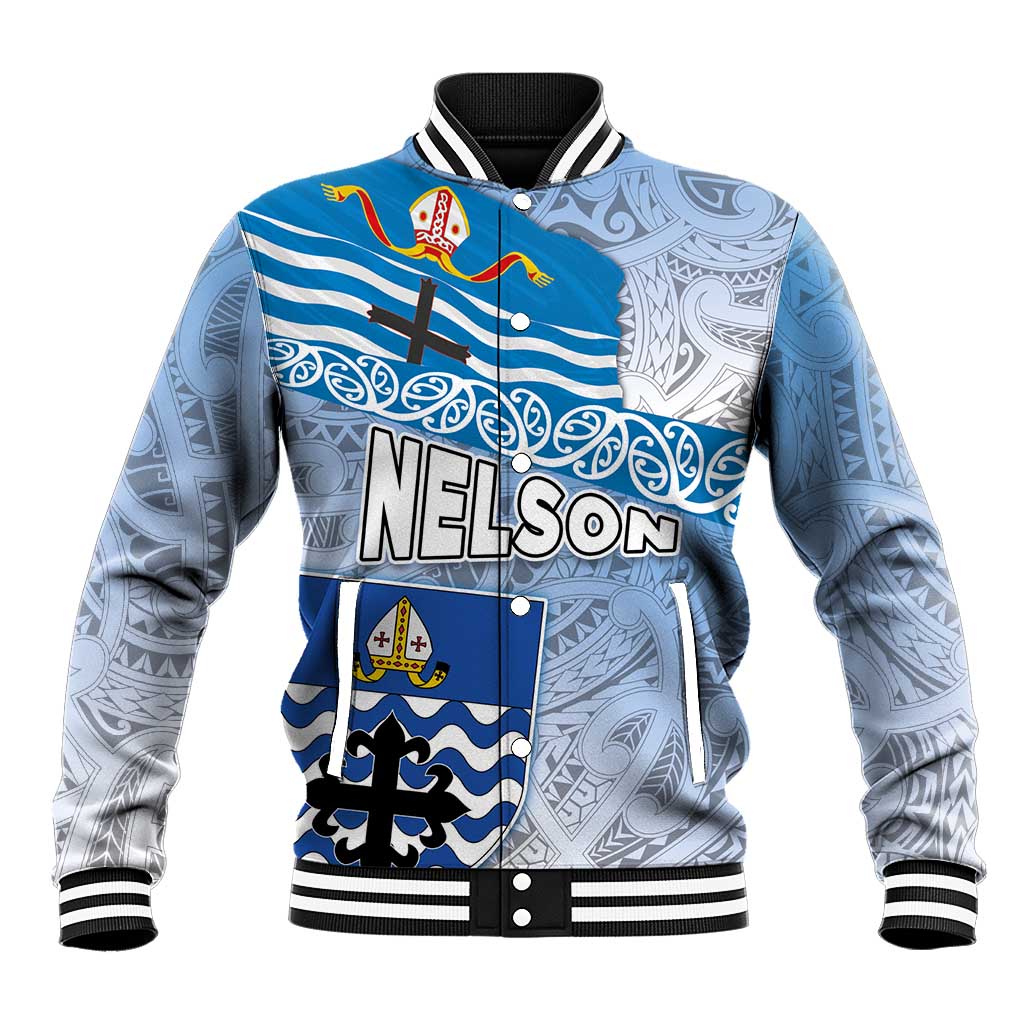 New Zealand Nelson Baseball Jacket Nelson's Flag and Seal - Maori Art Tattoo LT03 Unisex White - Polynesian Pride