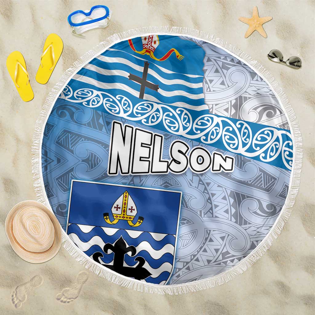 New Zealand Nelson Beach Blanket Nelson's Flag and Seal - Maori Art Tattoo LT03 One Size 150cm White - Polynesian Pride
