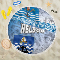 New Zealand Nelson Beach Blanket Nelson's Flag and Seal - Maori Art Tattoo LT03 One Size 150cm White - Polynesian Pride