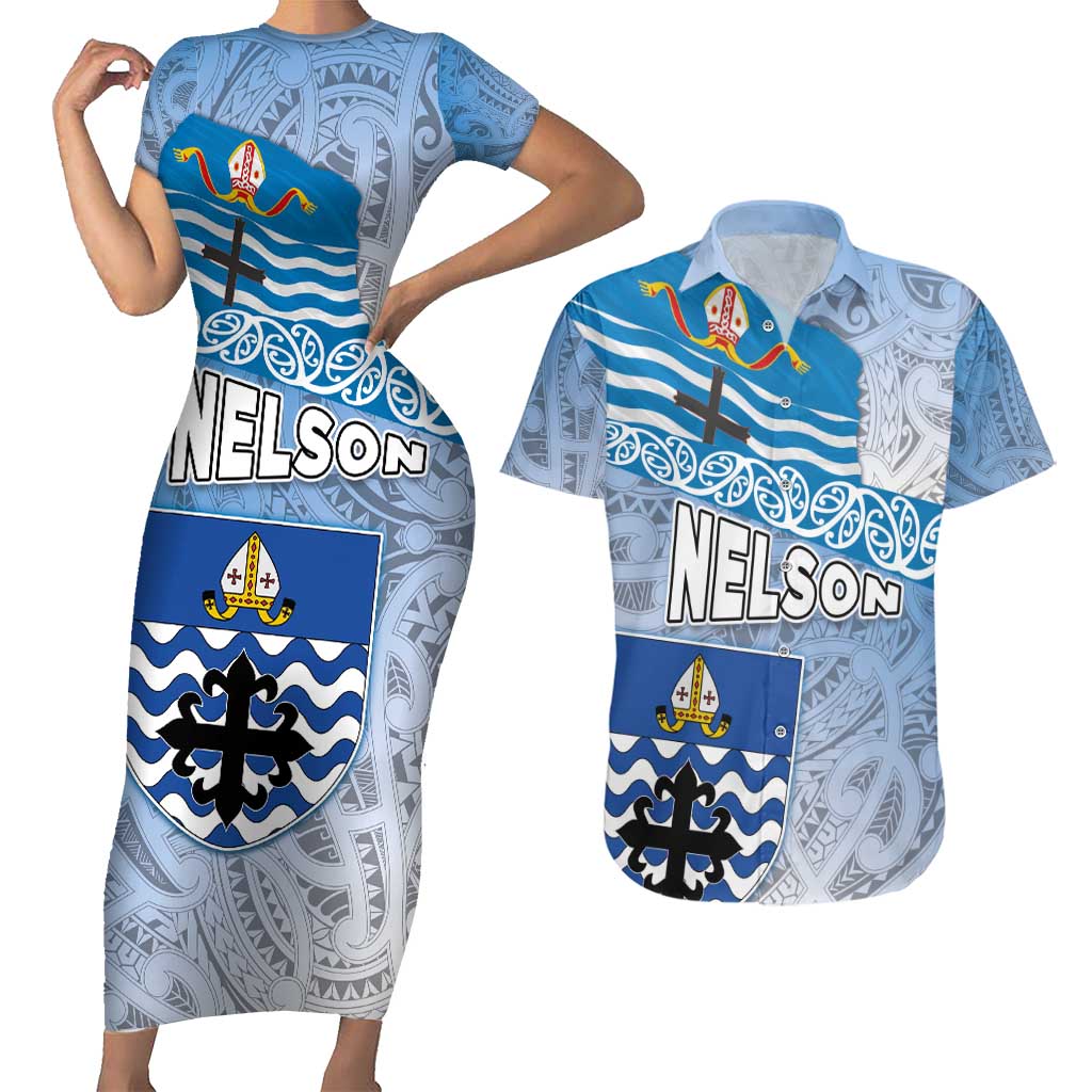 New Zealand Nelson Couples Matching Short Sleeve Bodycon Dress and Hawaiian Shirt Nelson's Flag and Seal - Maori Art Tattoo