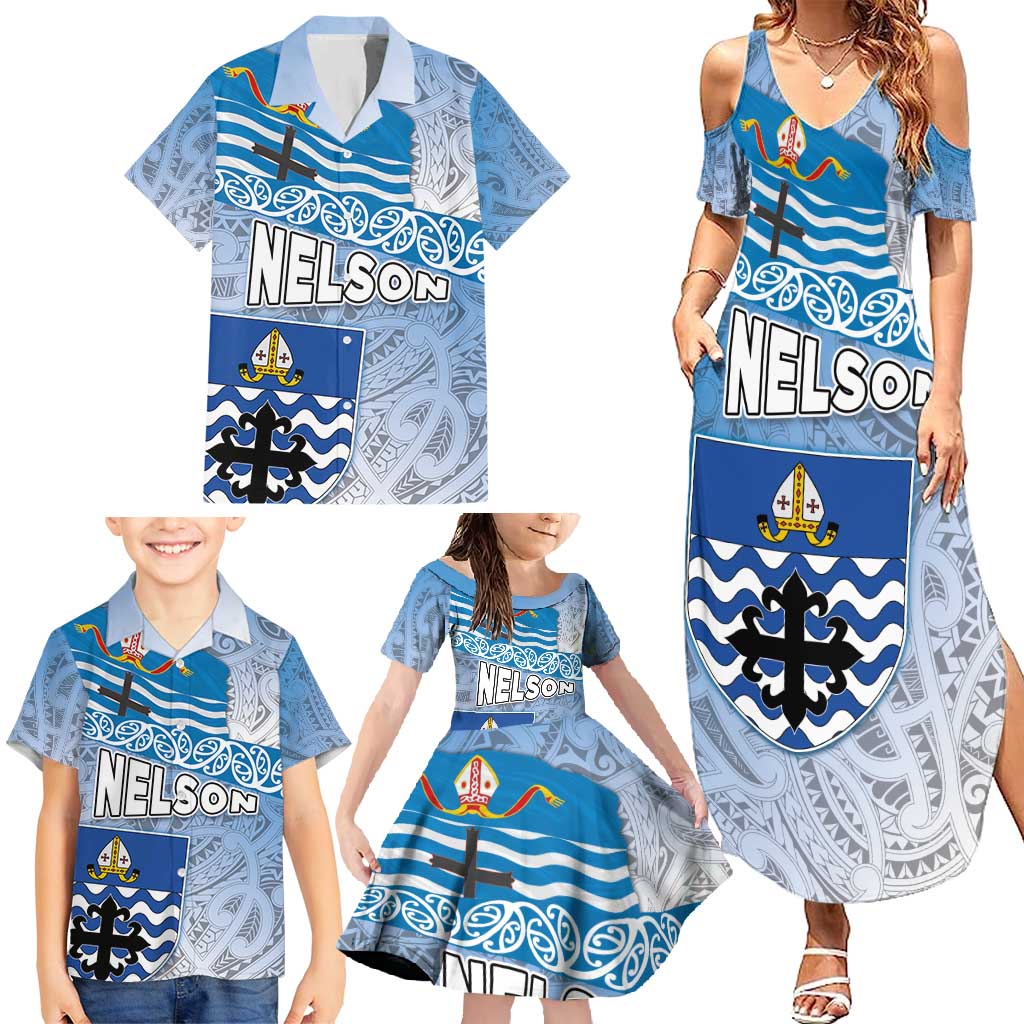 New Zealand Nelson Family Matching Summer Maxi Dress and Hawaiian Shirt Nelson's Flag and Seal - Maori Art Tattoo