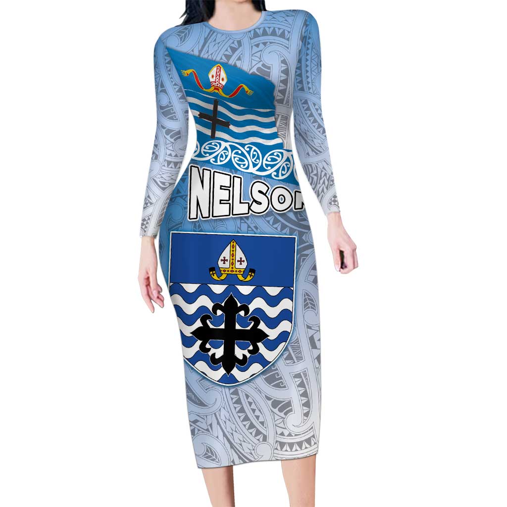 New Zealand Nelson Long Sleeve Bodycon Dress Nelson's Flag and Seal - Maori Art Tattoo