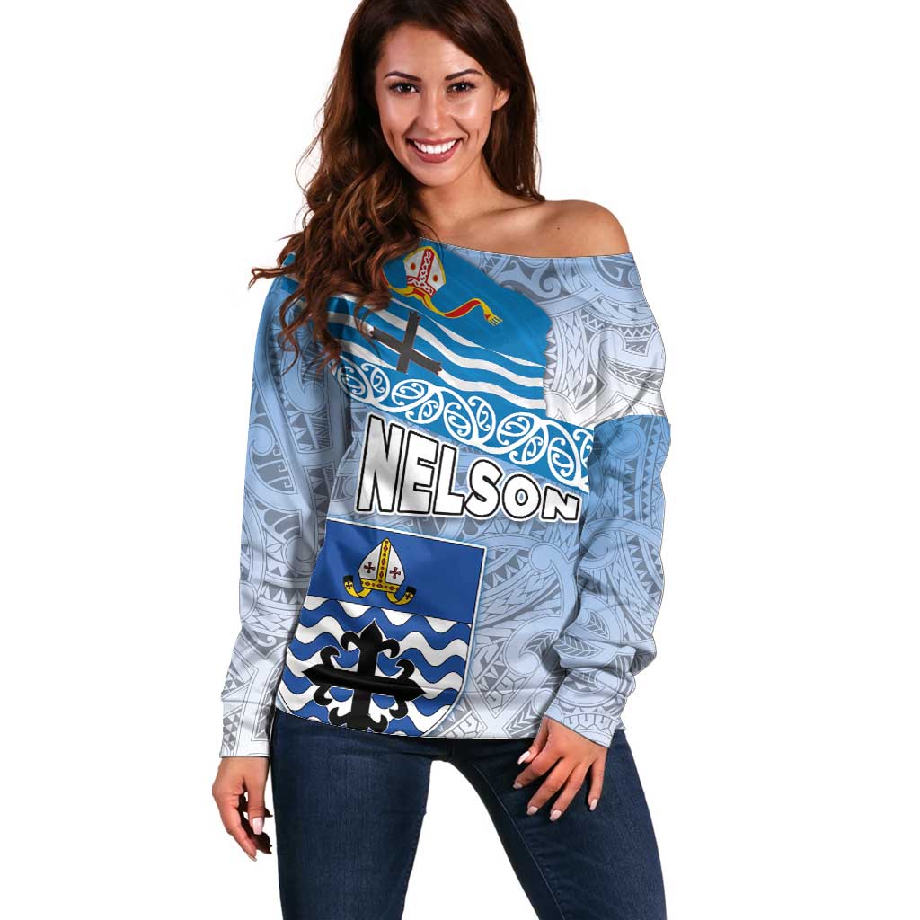 New Zealand Nelson Off Shoulder Sweater Nelson's Flag and Seal - Maori Art Tattoo