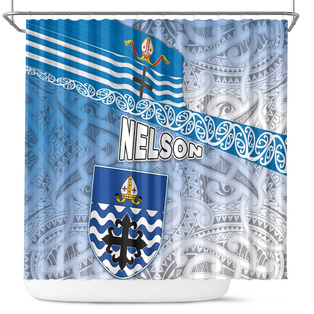 New Zealand Nelson Shower Curtain Nelson's Flag and Seal - Maori Art Tattoo