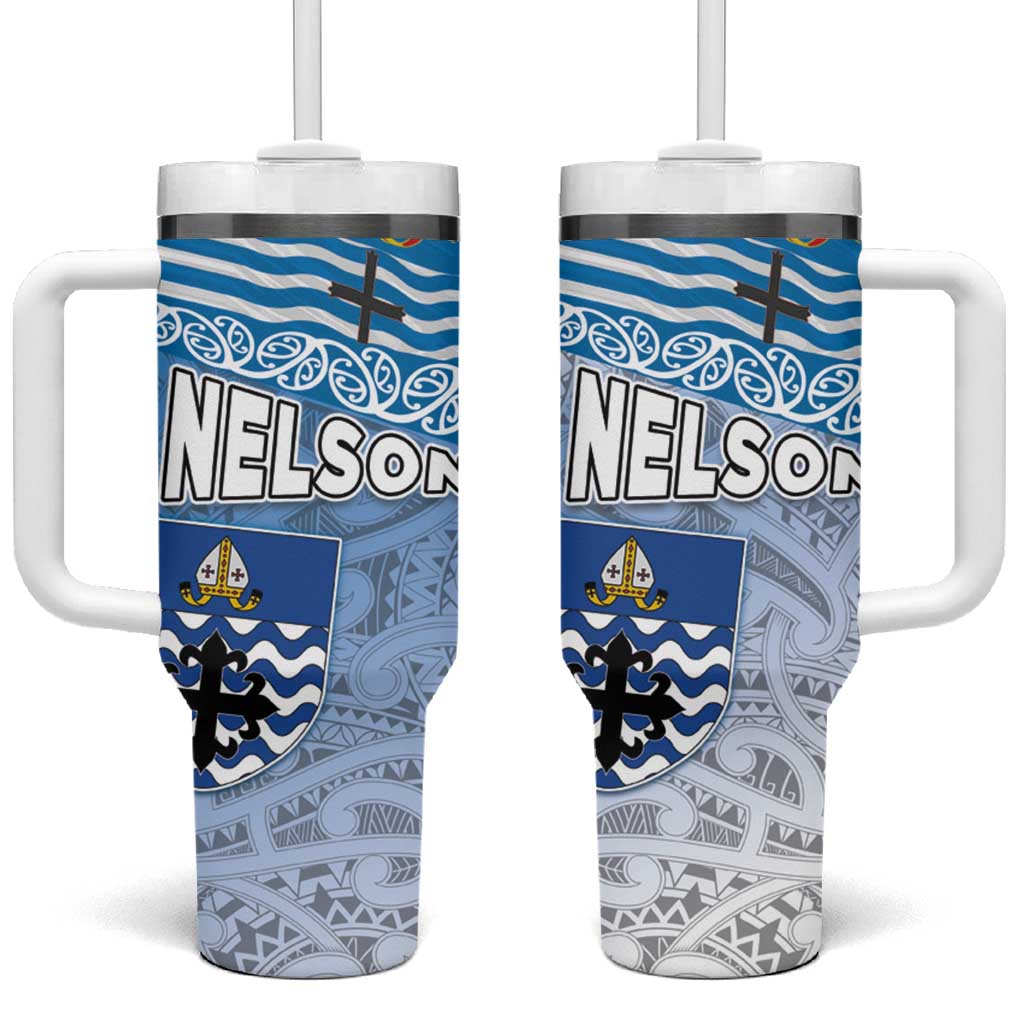 New Zealand Nelson Tumbler With Handle Nelson's Flag and Seal - Maori Art Tattoo LT03 One Size: 40 oz White - Polynesian Pride