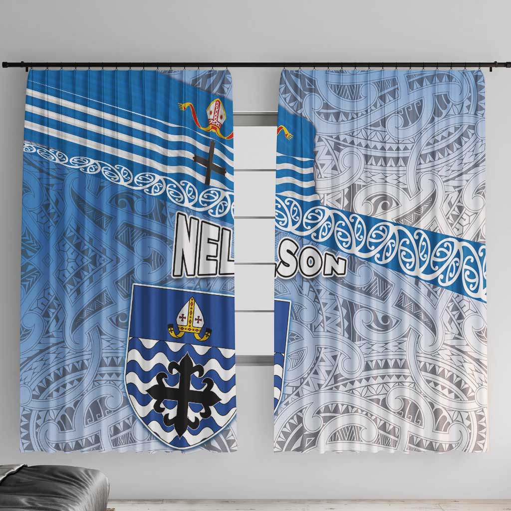 New Zealand Nelson Window Curtain Nelson's Flag and Seal - Maori Art Tattoo LT03 With Hooks White - Polynesian Pride