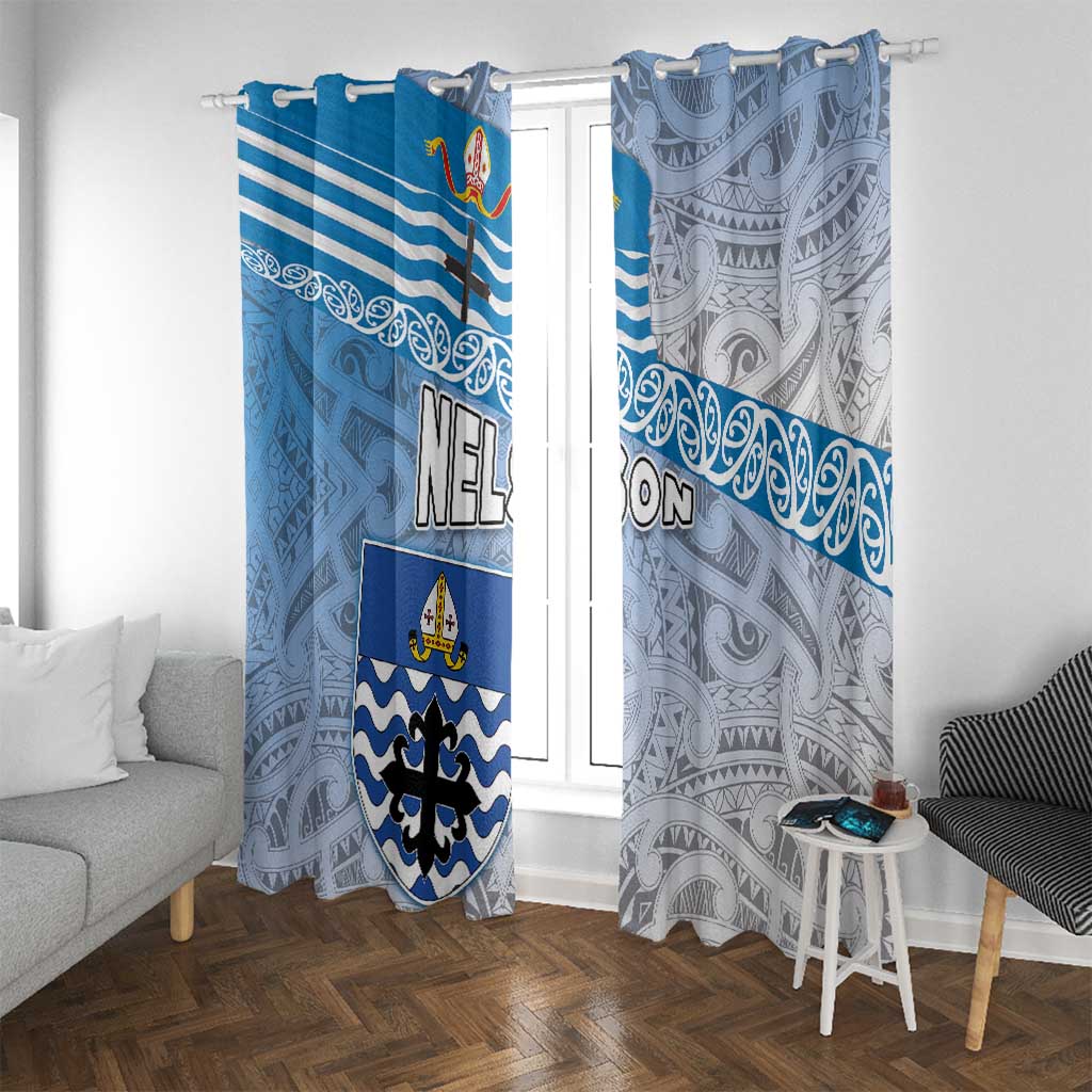 New Zealand Nelson Window Curtain Nelson's Flag and Seal - Maori Art Tattoo LT03 With Grommets White - Polynesian Pride