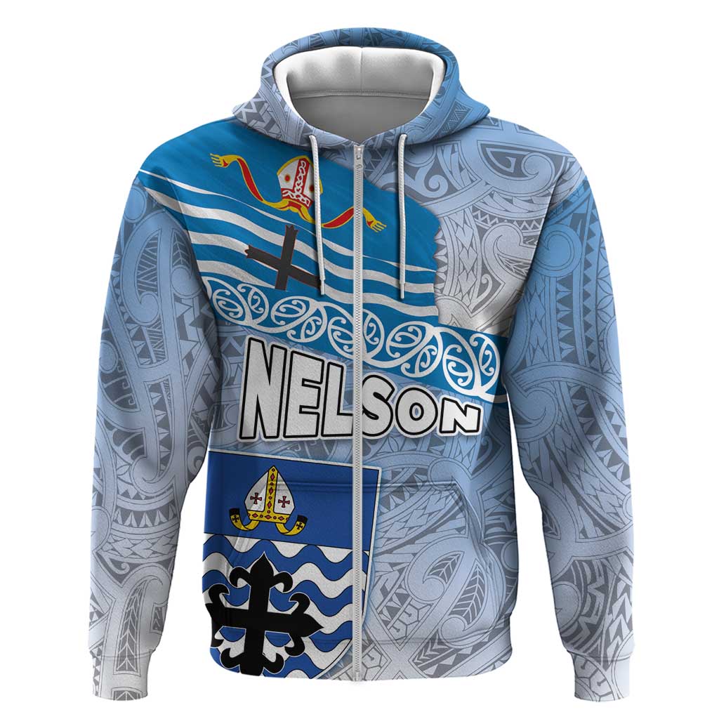 New Zealand Nelson Zip Hoodie Nelson's Flag and Seal - Maori Art Tattoo