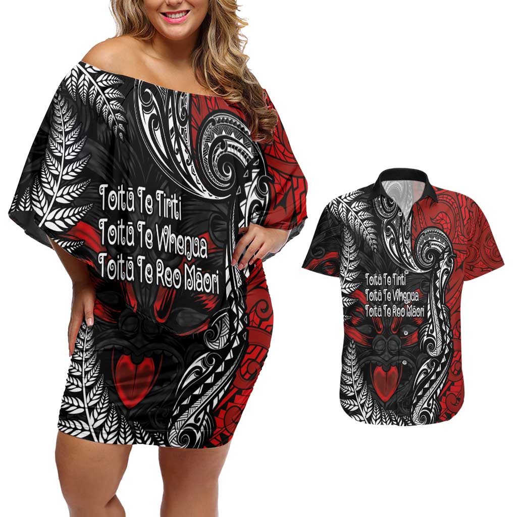Aotearoa Toitu Te Tiriti Couples Matching Off Shoulder Short Dress and Hawaiian Shirt New Zealand Honour the Treaty - Te Tiriti Is Us LT03 Red - Polynesian Pride