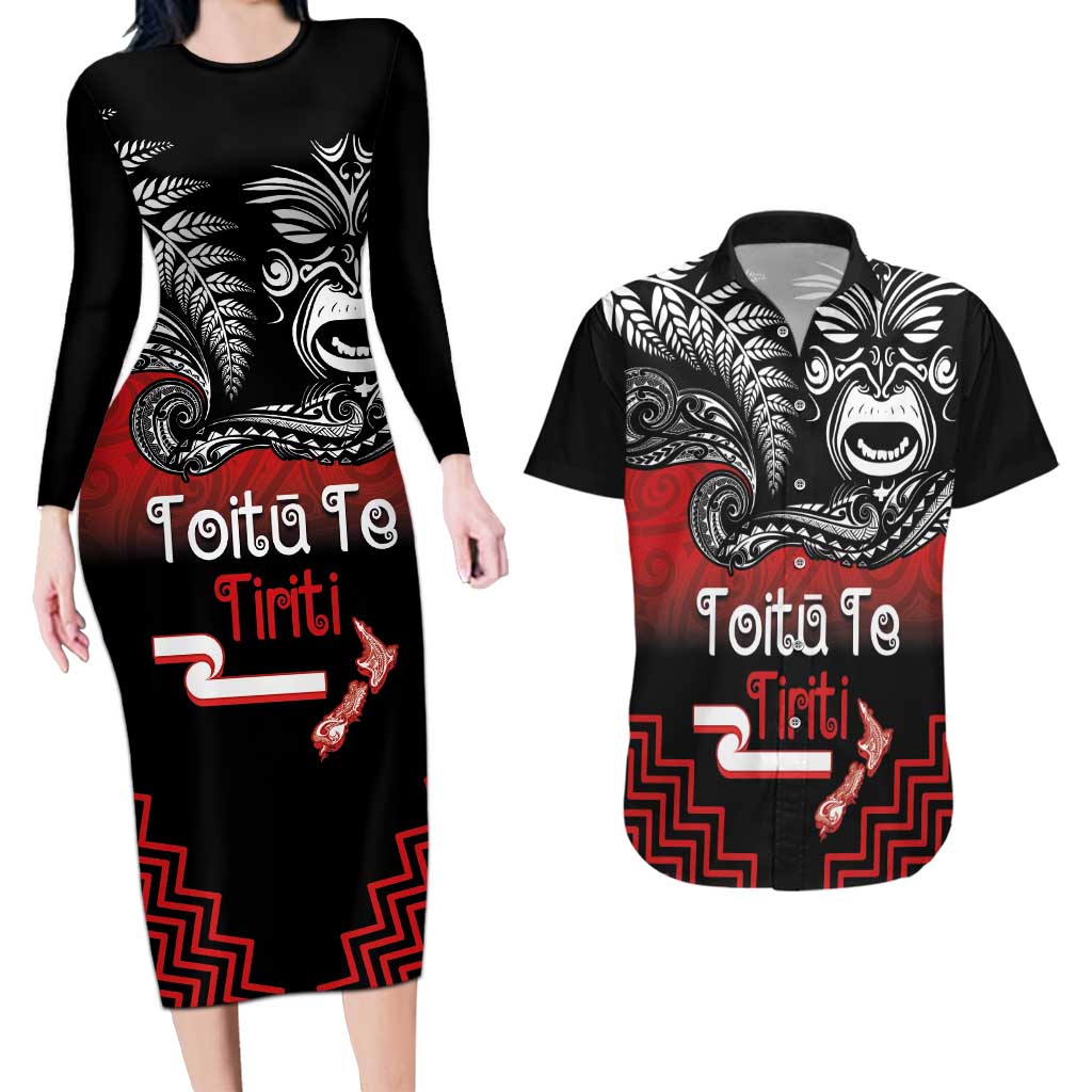 Aotearoa Toitu Te Tiriti Couples Matching Long Sleeve Bodycon Dress and Hawaiian Shirt New Zealand Honour the Treaty - Fight Together