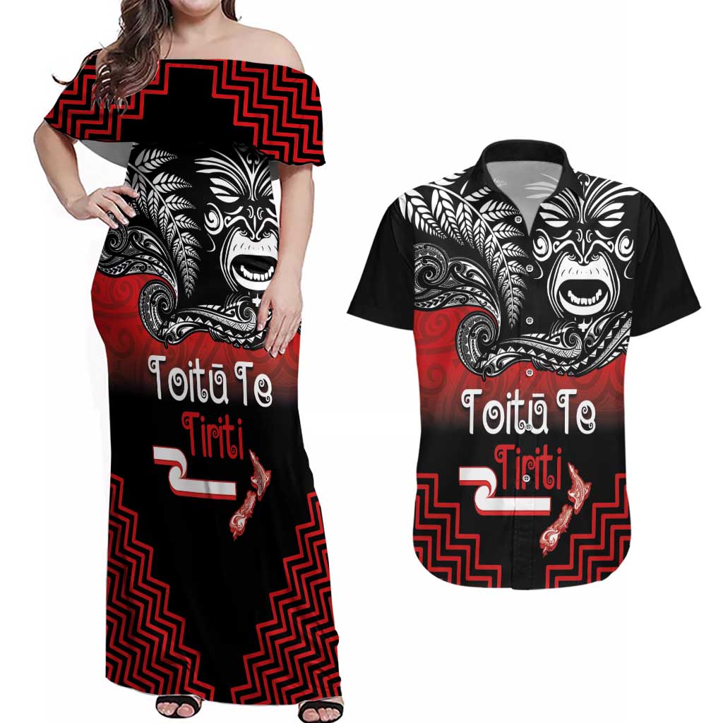 Aotearoa Toitu Te Tiriti Couples Matching Off Shoulder Maxi Dress and Hawaiian Shirt New Zealand Honour the Treaty - Fight Together