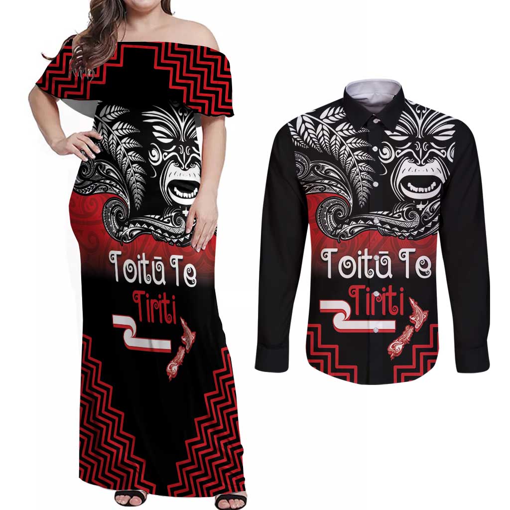 Aotearoa Toitu Te Tiriti Couples Matching Off Shoulder Maxi Dress and Long Sleeve Button Shirt New Zealand Honour the Treaty - Fight Together LT03 Red - Polynesian Pride