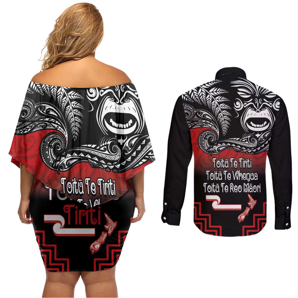 Aotearoa Toitu Te Tiriti Couples Matching Off Shoulder Short Dress and Long Sleeve Button Shirt New Zealand Honour the Treaty - Fight Together