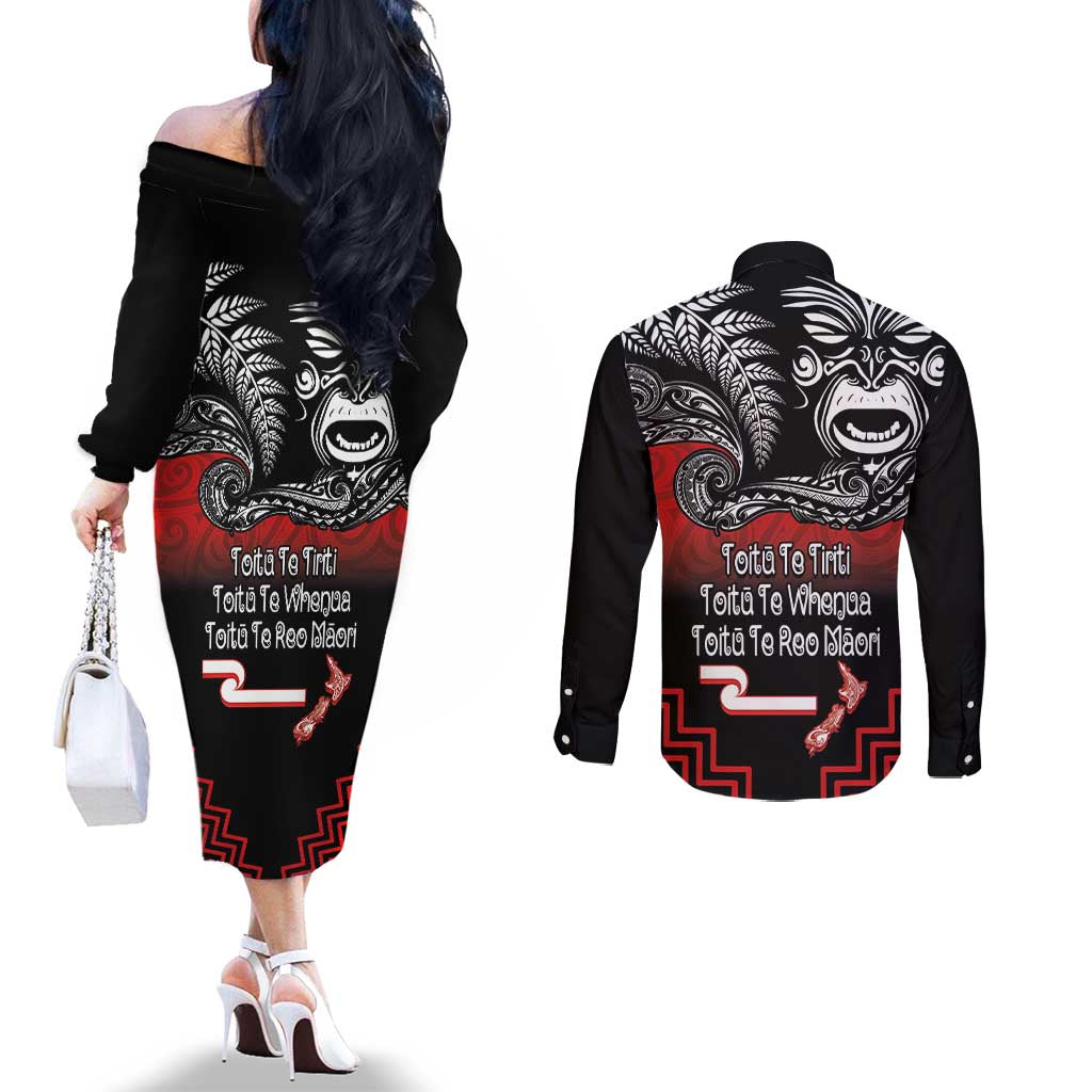 Aotearoa Toitu Te Tiriti Couples Matching Off The Shoulder Long Sleeve Dress and Long Sleeve Button Shirt New Zealand Honour the Treaty - Fight Together