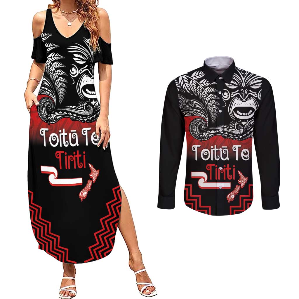 Aotearoa Toitu Te Tiriti Couples Matching Summer Maxi Dress and Long Sleeve Button Shirt New Zealand Honour the Treaty - Fight Together LT03 Red - Polynesian Pride