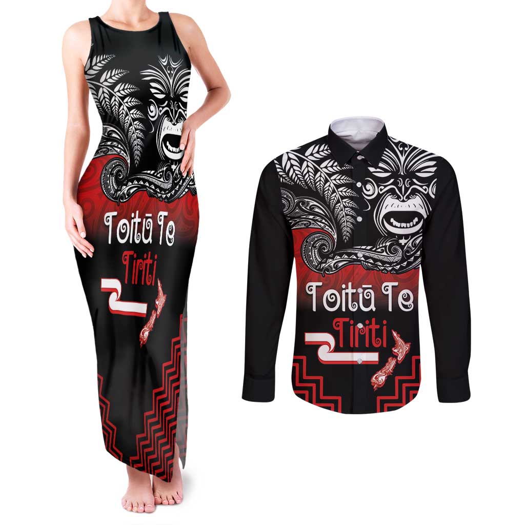 Aotearoa Toitu Te Tiriti Couples Matching Tank Maxi Dress and Long Sleeve Button Shirt New Zealand Honour the Treaty - Fight Together LT03 Red - Polynesian Pride