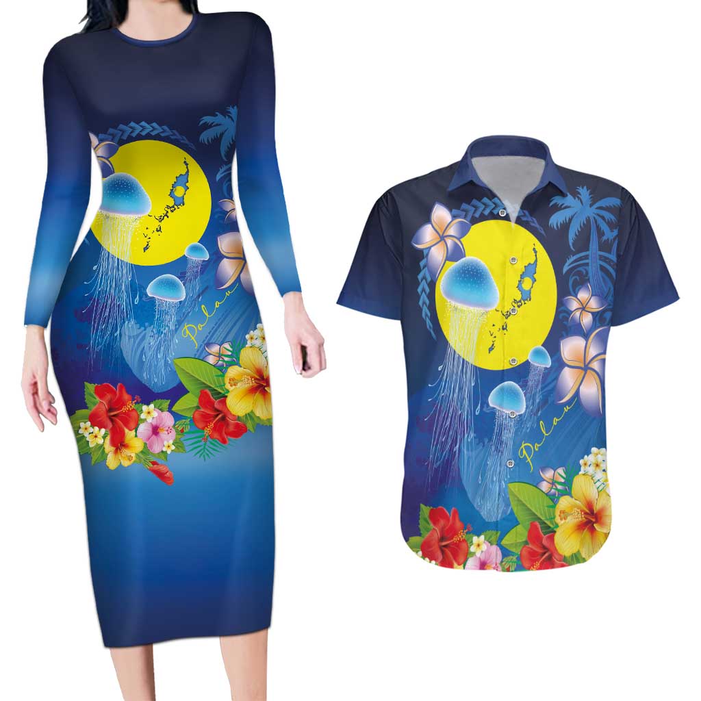 Palau Jellyfish Couples Matching Long Sleeve Bodycon Dress and Hawaiian Shirt Ocean Heritage Tropical Plants - Polynesian Pride