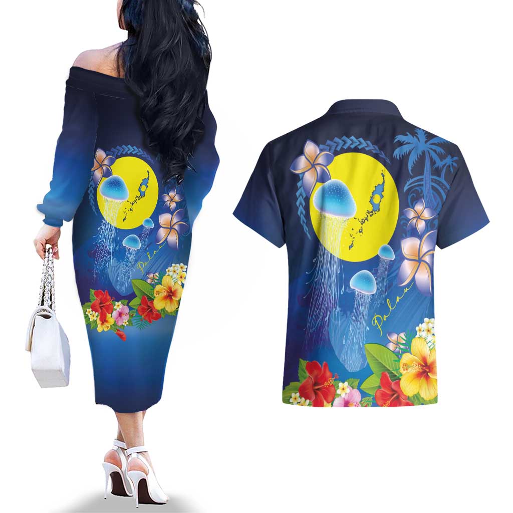 Palau Jellyfish Couples Matching Off The Shoulder Long Sleeve Dress and Hawaiian Shirt Ocean Heritage Tropical Plants - Polynesian Pride