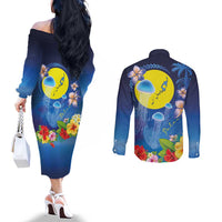Palau Jellyfish Couples Matching Off The Shoulder Long Sleeve Dress and Long Sleeve Button Shirt Ocean Heritage Tropical Plants - Polynesian Pride