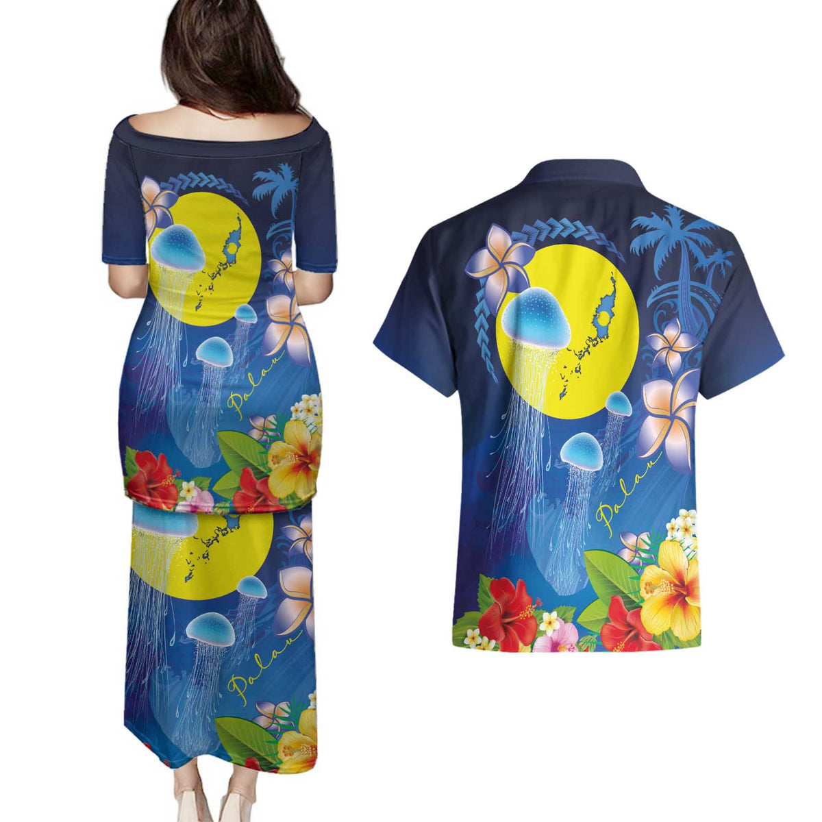 Palau Jellyfish Couples Matching Puletasi and Hawaiian Shirt Ocean Heritage Tropical Plants - Polynesian Pride