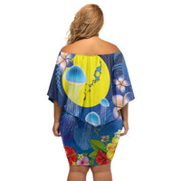 Palau Jellyfish Family Matching Off Shoulder Short Dress and Hawaiian Shirt Ocean Heritage Tropical Plants - Polynesian Pride