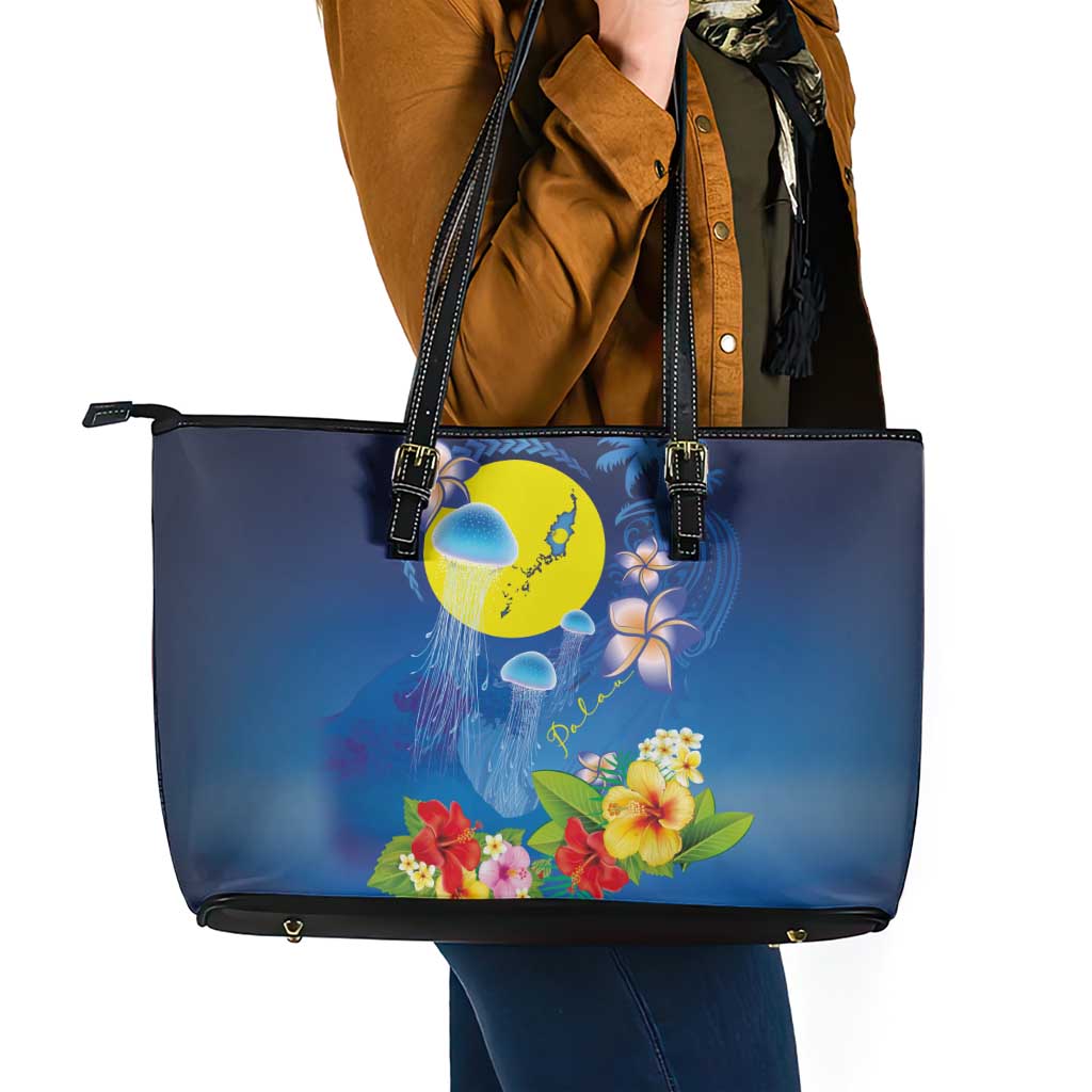 Palau Jellyfish Leather Tote Bag Ocean Heritage Tropical Plants - Polynesian Pride