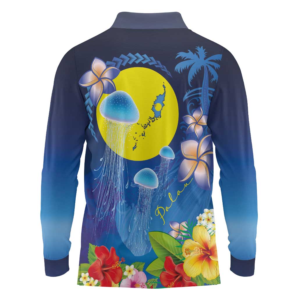Palau Jellyfish Long Sleeve Polo Shirt Ocean Heritage Tropical Plants - Polynesian Pride