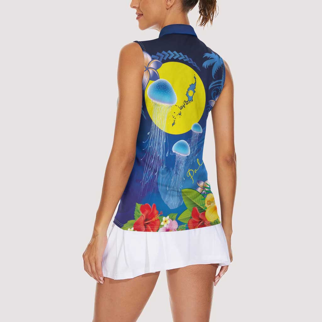 Palau Jellyfish Women Sleeveless Polo Shirt Ocean Heritage Tropical Plants - Polynesian Pride