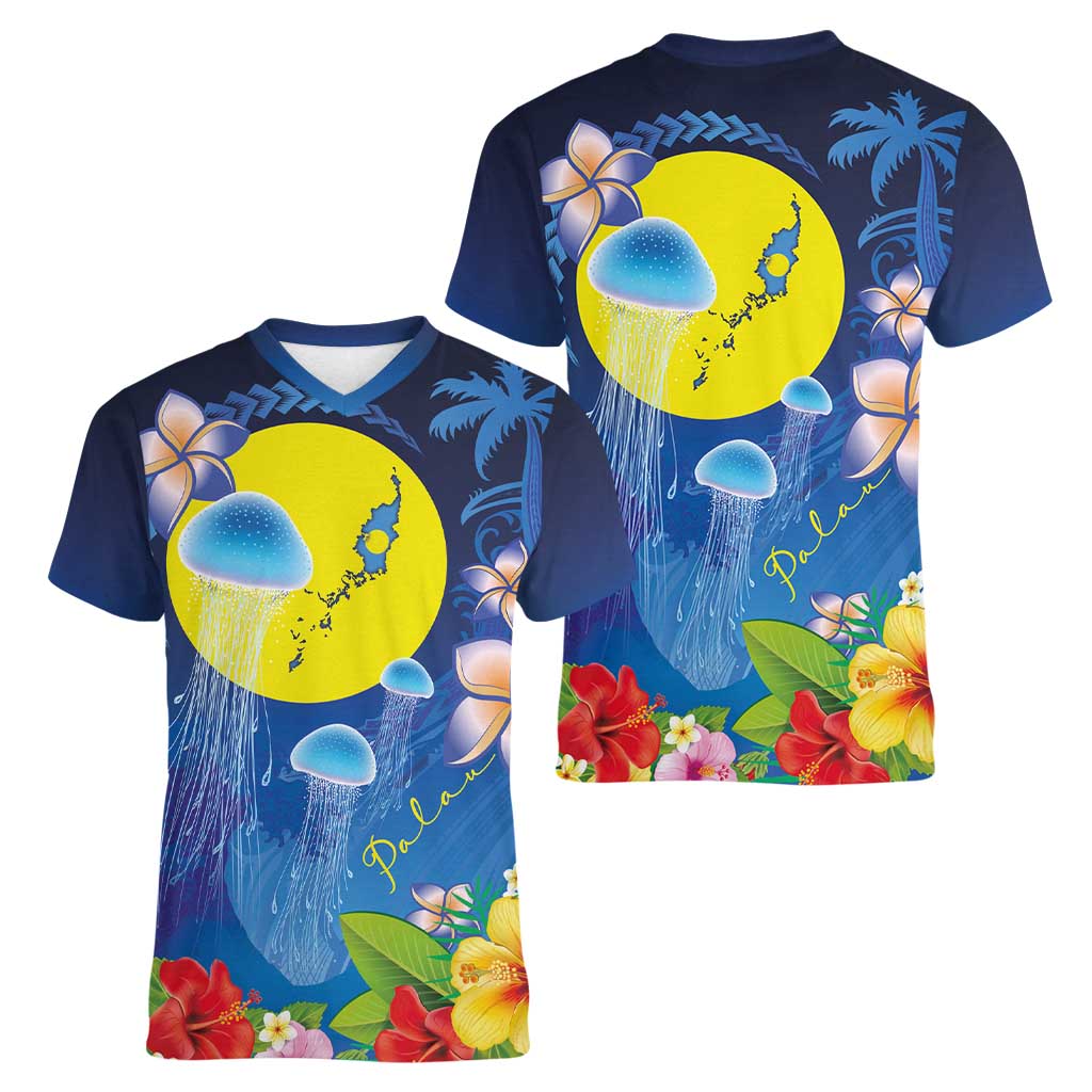 Palau Jellyfish Women V-Neck T-Shirt Ocean Heritage Tropical Plants - Polynesian Pride