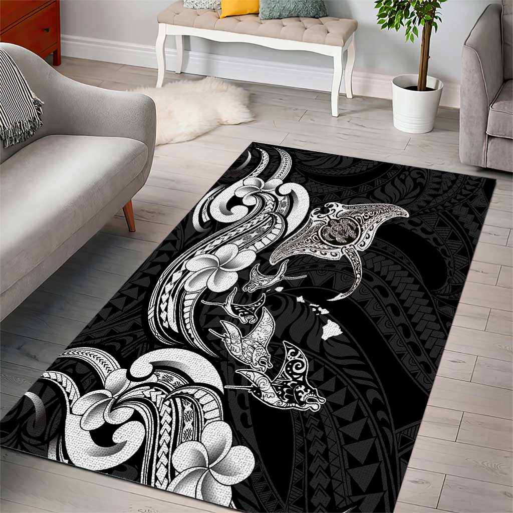 Hawaiian Manta Rays Area Rug Tribal Hibiscus Polynesian Tattoos Black Color - Polynesian Pride