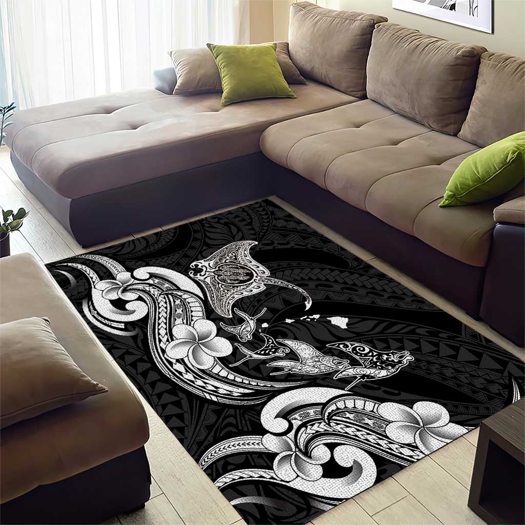 Hawaiian Manta Rays Area Rug Tribal Hibiscus Polynesian Tattoos Black Color - Polynesian Pride
