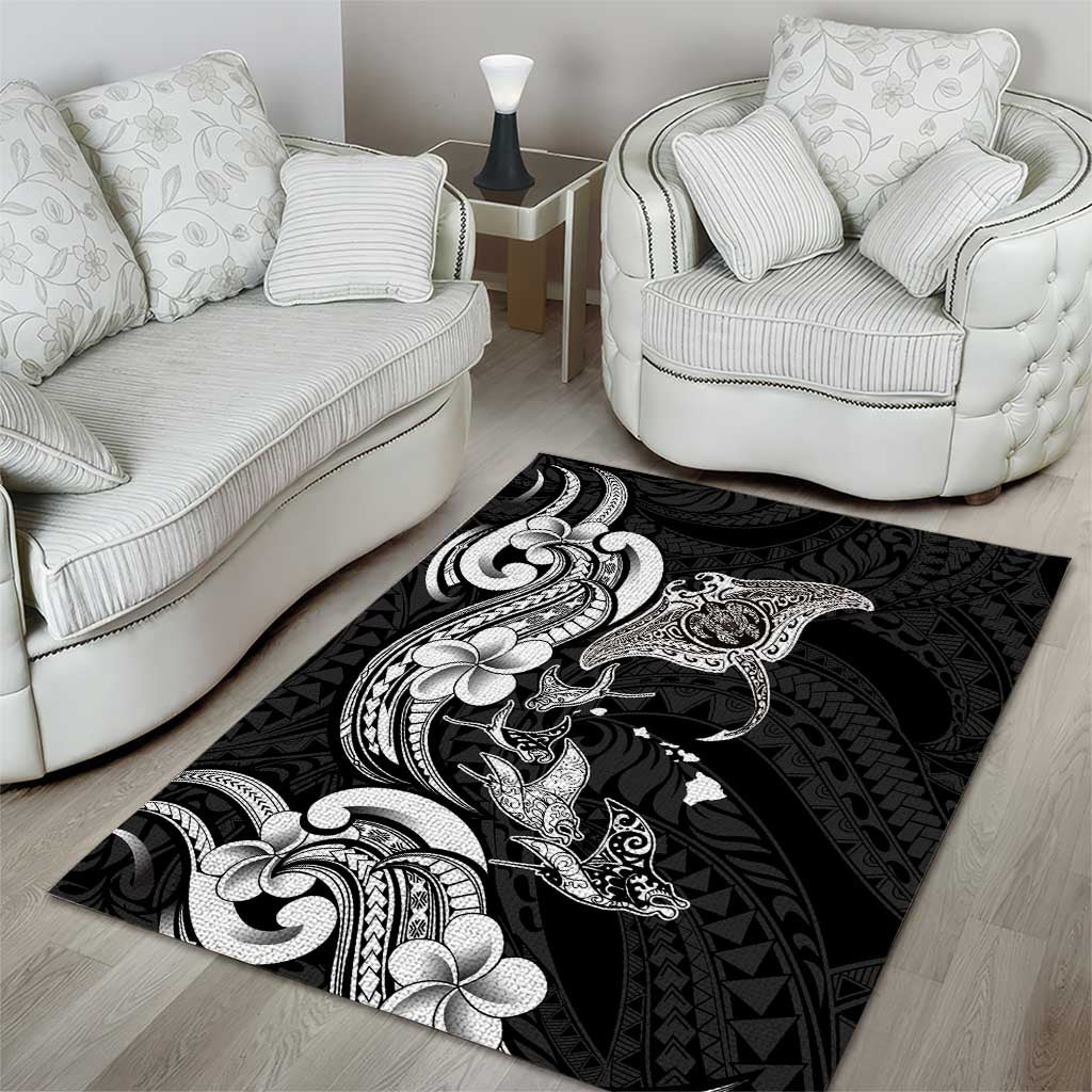 Hawaiian Manta Rays Area Rug Tribal Hibiscus Polynesian Tattoos Black Color - Polynesian Pride