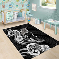 Hawaiian Manta Rays Area Rug Tribal Hibiscus Polynesian Tattoos Black Color - Polynesian Pride