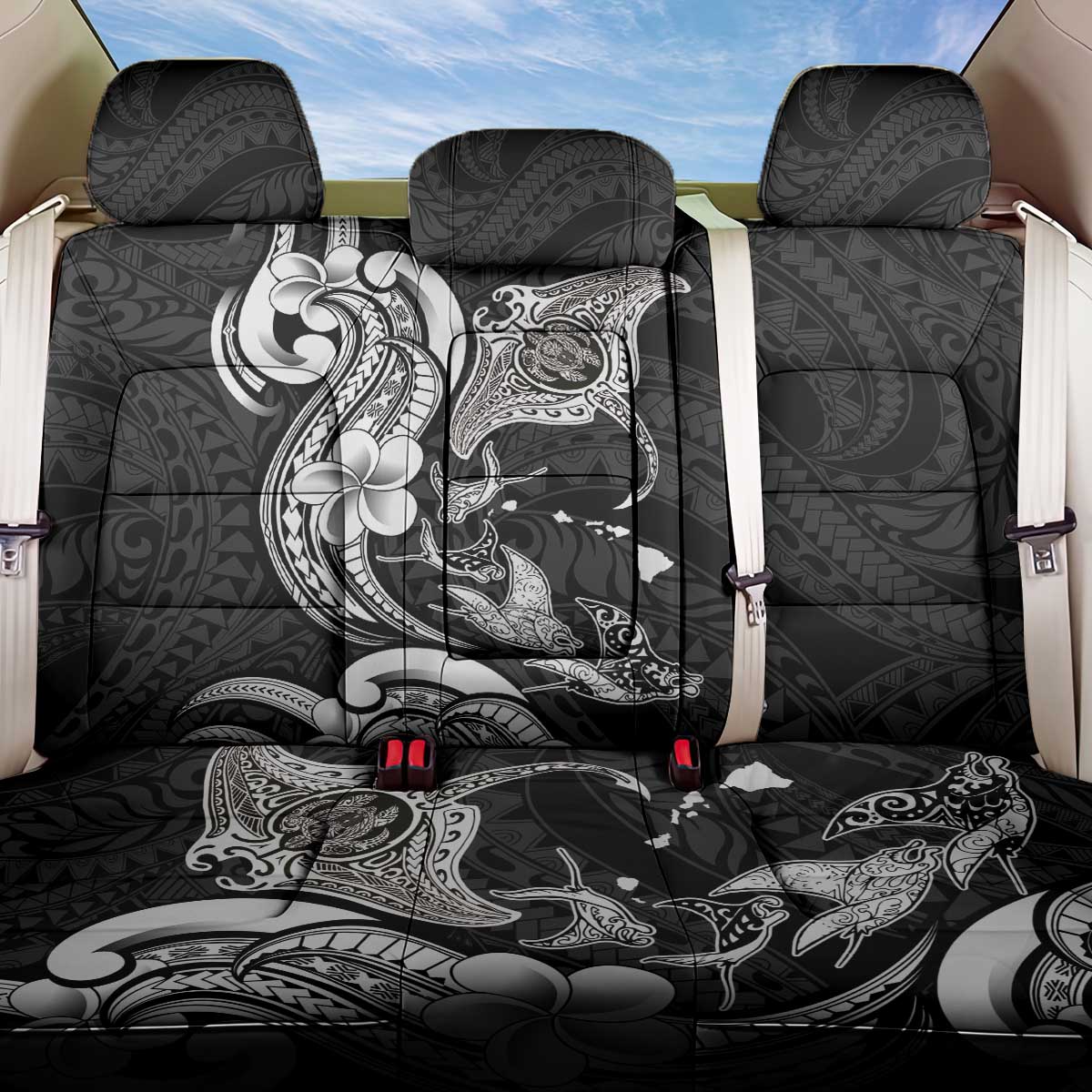 Hawaiian Manta Rays Back Car Seat Cover Tribal Hibiscus Polynesian Tattoos Black Color - Polynesian Pride