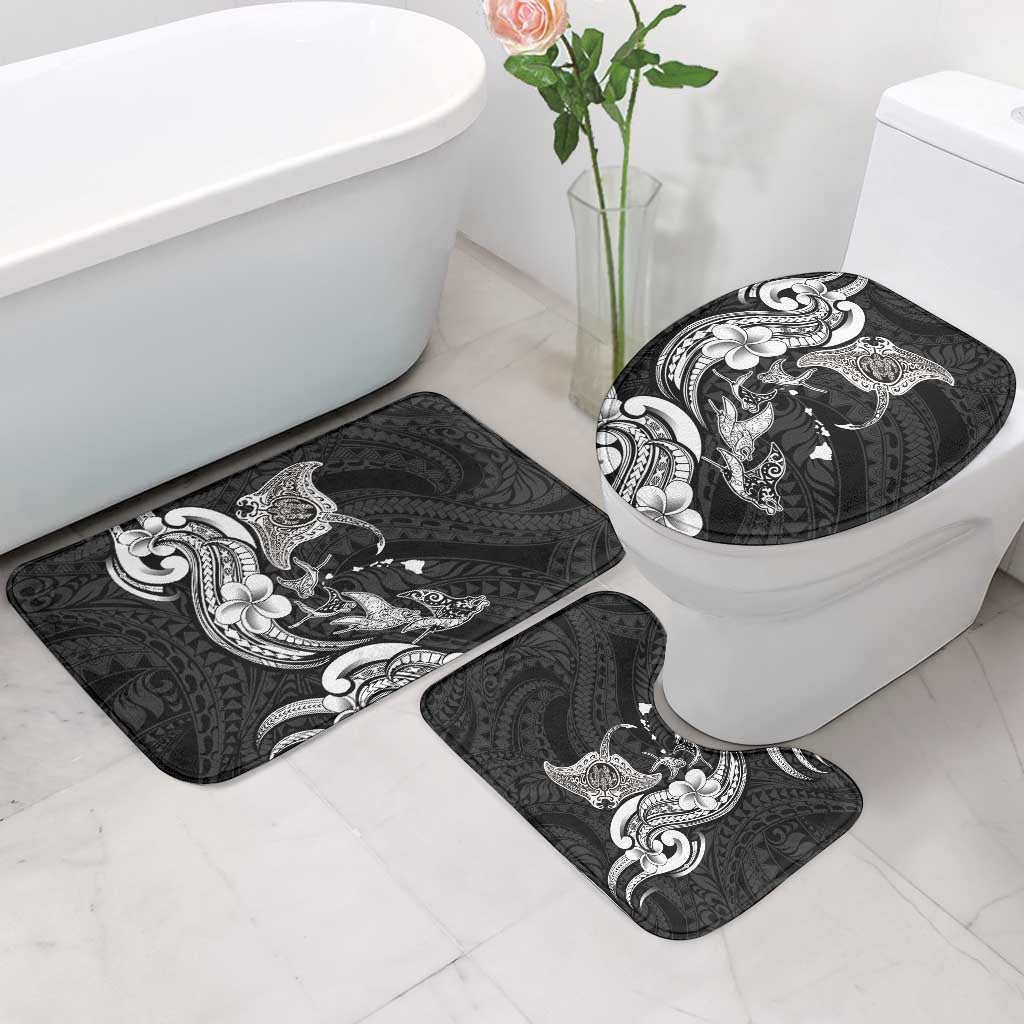 Hawaiian Manta Rays Bathroom Set Tribal Hibiscus Polynesian Tattoos Black Color - Polynesian Pride